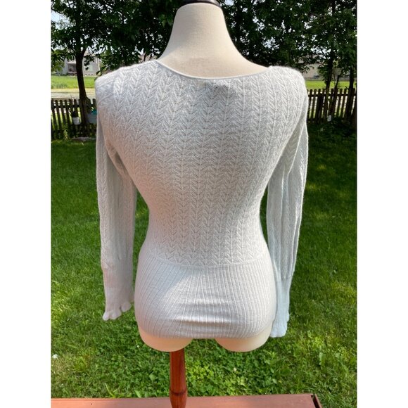 Express White Off-Shoulder Sweater M Angora Wool Blend Knit Ribbed Fitted Long S - Picture 3 of 7